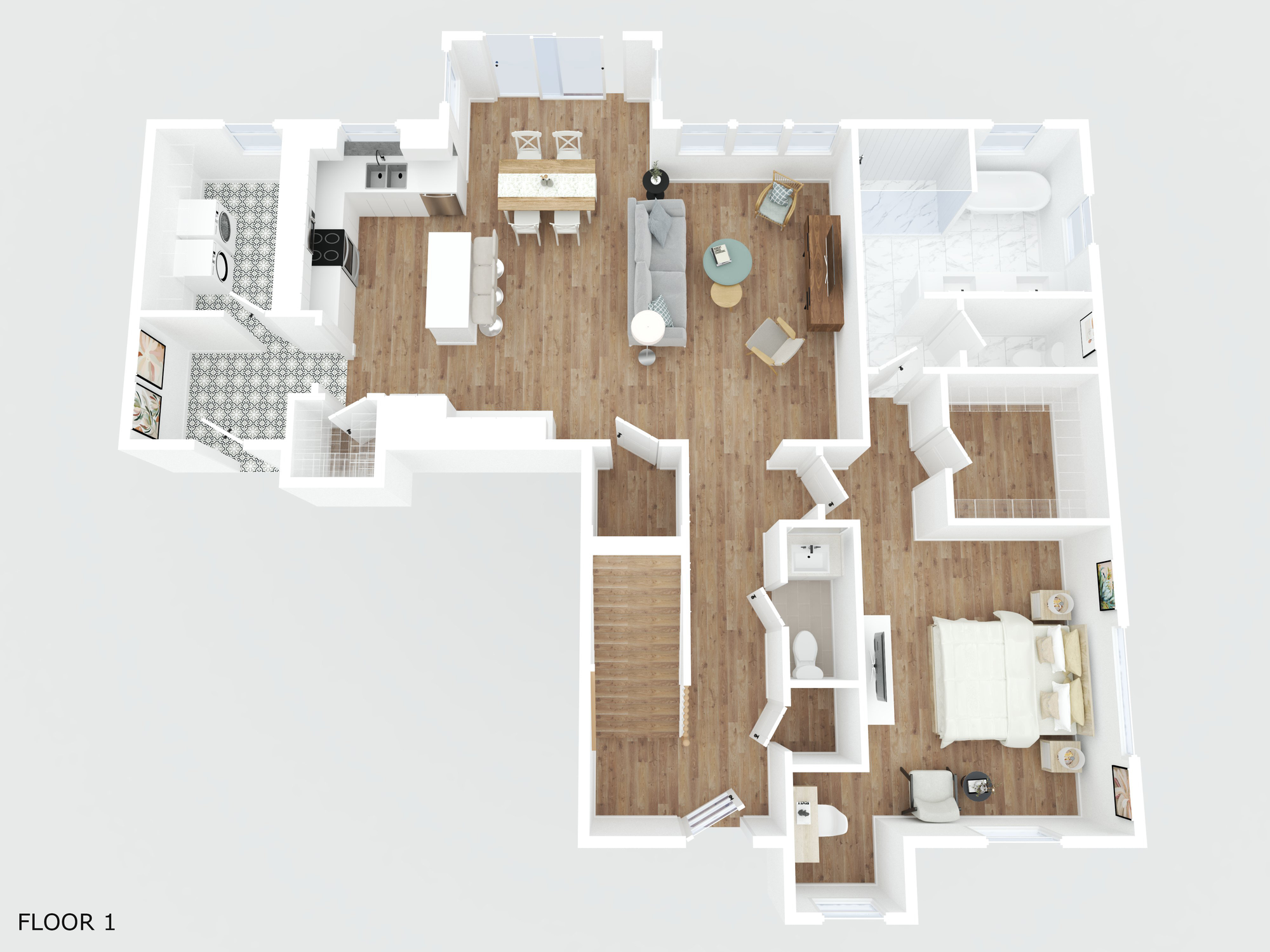 colored three dimensional floorplan first floor